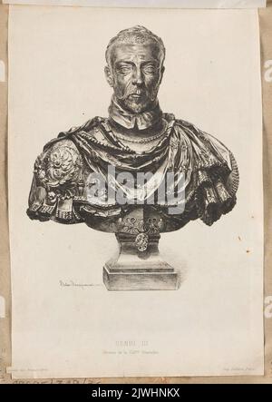 Bronze bust of Henry III (illustration in `Gazette des Beaux-Arts`). Pilon, Germain (ca 1525-1590), sculptor, Jacquemart, Jules Ferdinand (1837-1880), graphic artist, Gazette des Beaux-Arts (Paryż ; czasopismo, wydawnictwo ; 1859-2002), publisher, Delâtre, Auguste (1822-1907), publisher Stock Photo